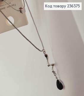 Бусы-подвеска двойные серебряного цвета с подвеской черным камешком, 40+5см 236375 фото