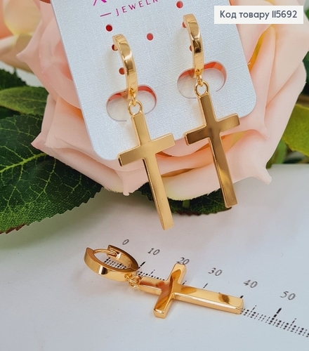 Сережки кільця (1,3см) з підвісками хрестиками (3*1,5см) Xuping 18K 115692 фото 1