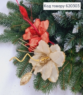 Квітка Різдвяник ЧЕРВОНИЙ/ЗОЛОТО глітер  д.15см на металевому стержні 14 см в ас. 620303 фото