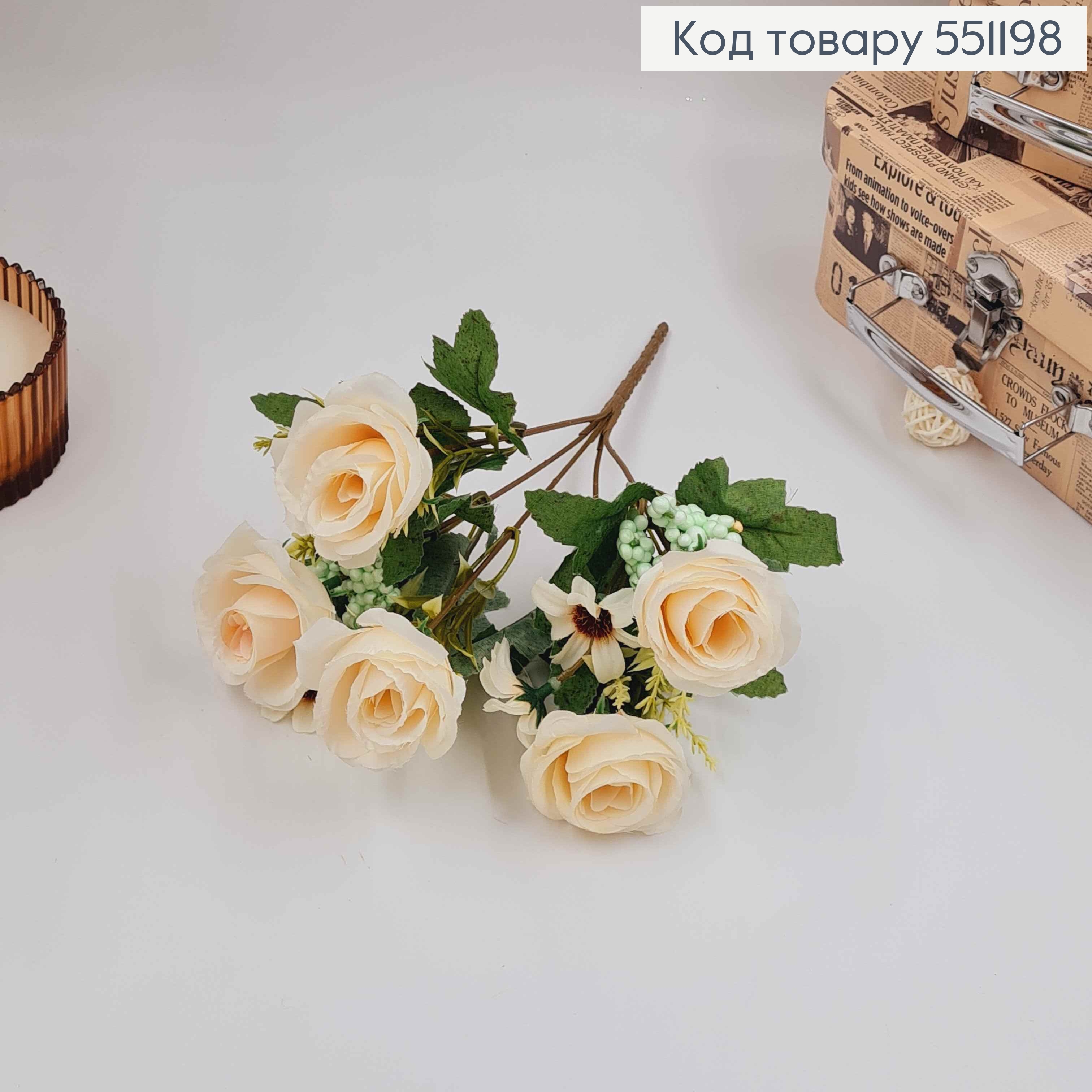 Композиция "Букет МОЛОЧНЫЕ розы 5шт+ другие цветы", высота 32см 551198 фото 2