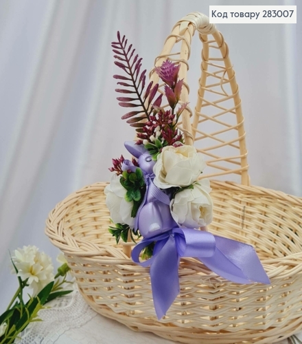 Повязка для корзины Сиреневая с зайкой и цветами, размер 10*14см, на завязках 283007 фото 2