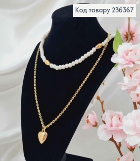 Біжутерія на шию подвійна, з Перлинами та Серцем, 56+8см, золотого кольору, Fashion Jewelry 236367 фото