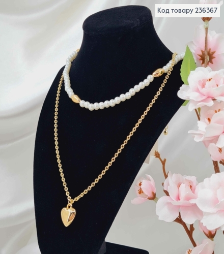 Бижутерия на шею двойная, с жемчугом и сердцем, 56+8см, золотого цвета, Fashion Jewelry 236367 фото 1