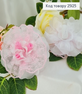 Резинка Бант фатин белый с розовой лентой и цветочками 8см, ручная робота Украина 25125 фото