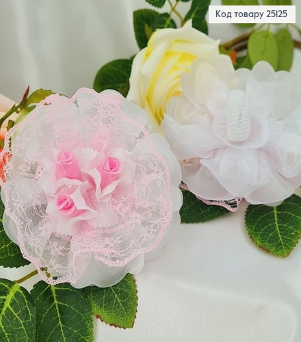 Резинка Бант фатин білий з рожевою лентою і квіточками 8см, ручна робота Україна 25125 фото 1