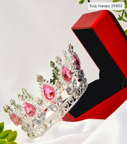 Корона под Серебро, "Изысканная" с розовыми камнями, диаметр 10см, высота 4,5см (можно на торт) 294152 фото 1