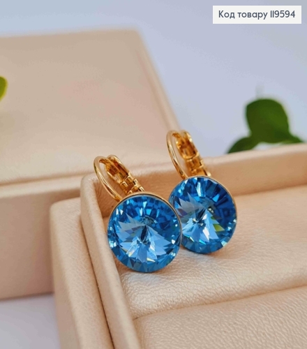 Сережки з Блакитним каменем Сваровські (1,1см), довжина 1,5см, застібка левербек, Xuping 18К 119594 фото 3