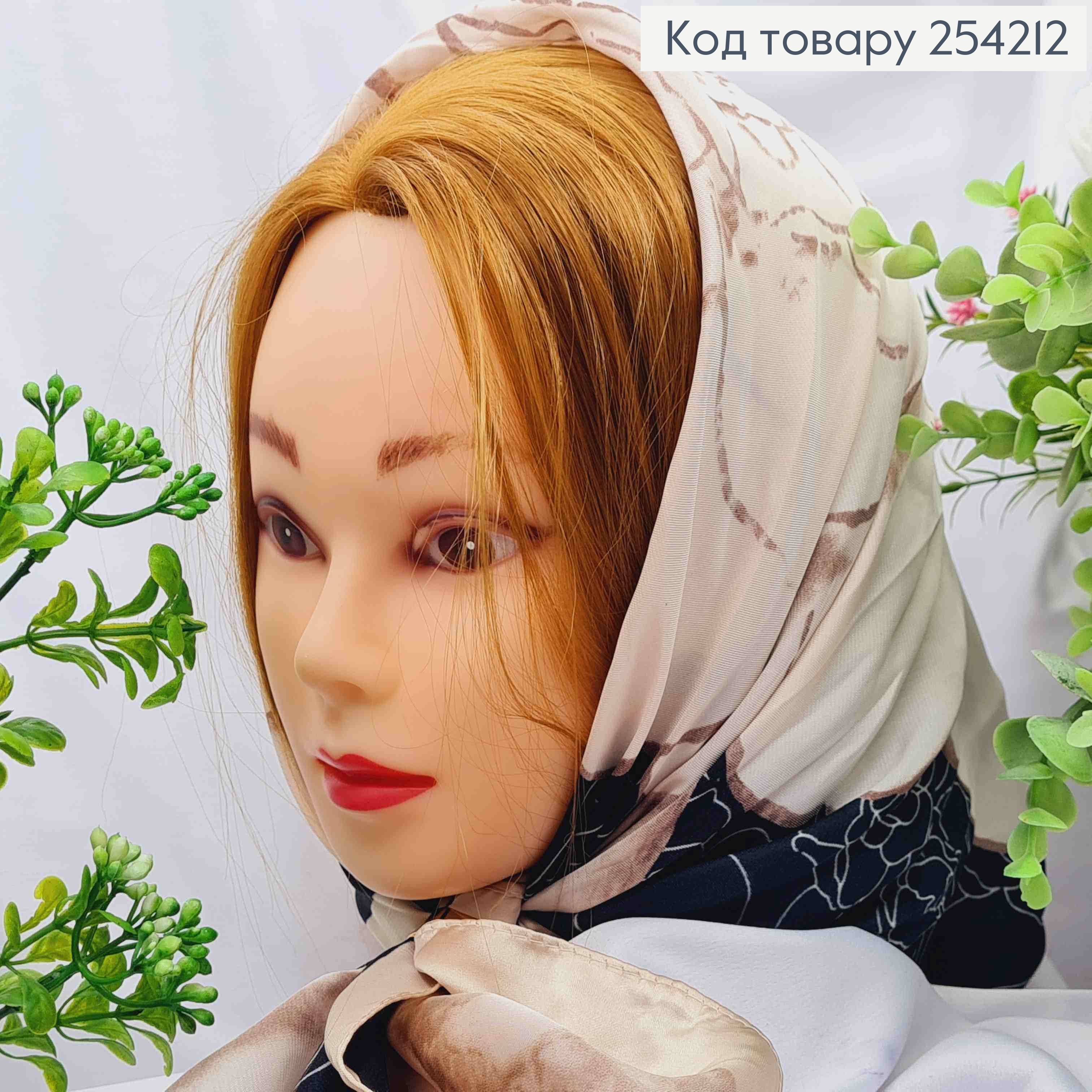 Платок с колечком, Черно-Кремового цвета с рисунком "Цветок", 70*70см, 100% полиэстр (шелк) 254212 фото 4