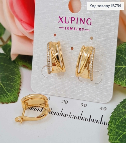 Серьги пластинки, "Крючки" с линиечкой камней, 1,5см, англ.зам. Xuping 18К 116734 фото 2