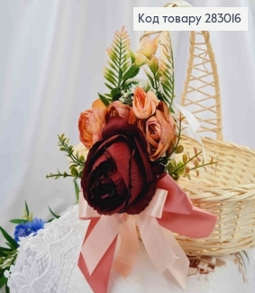 Декоративна пов'язка для кошика  БОРДОВОЮ трояндою та  квітами, 23*14см на зав'язках 283016 фото