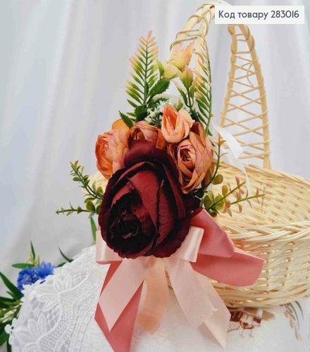 Декоративна пов'язка для кошика  БОРДОВОЮ трояндою та  квітами, 23*14см на зав'язках 283016 фото 1