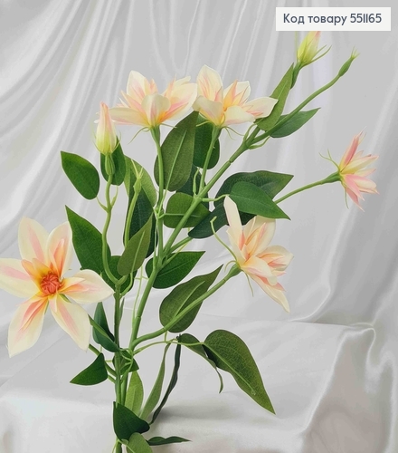Штучна квітка Клематіса, БІЛО-РОЖЕВА, 5 квіток + 2 бутони, на металевому стержні, 83см 551165 фото 3