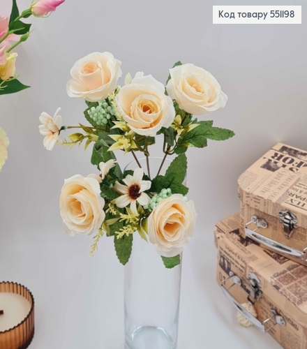 Композиция "Букет МОЛОЧНЫЕ розы 5шт+ другие цветы", высота 32см 551198 фото 1