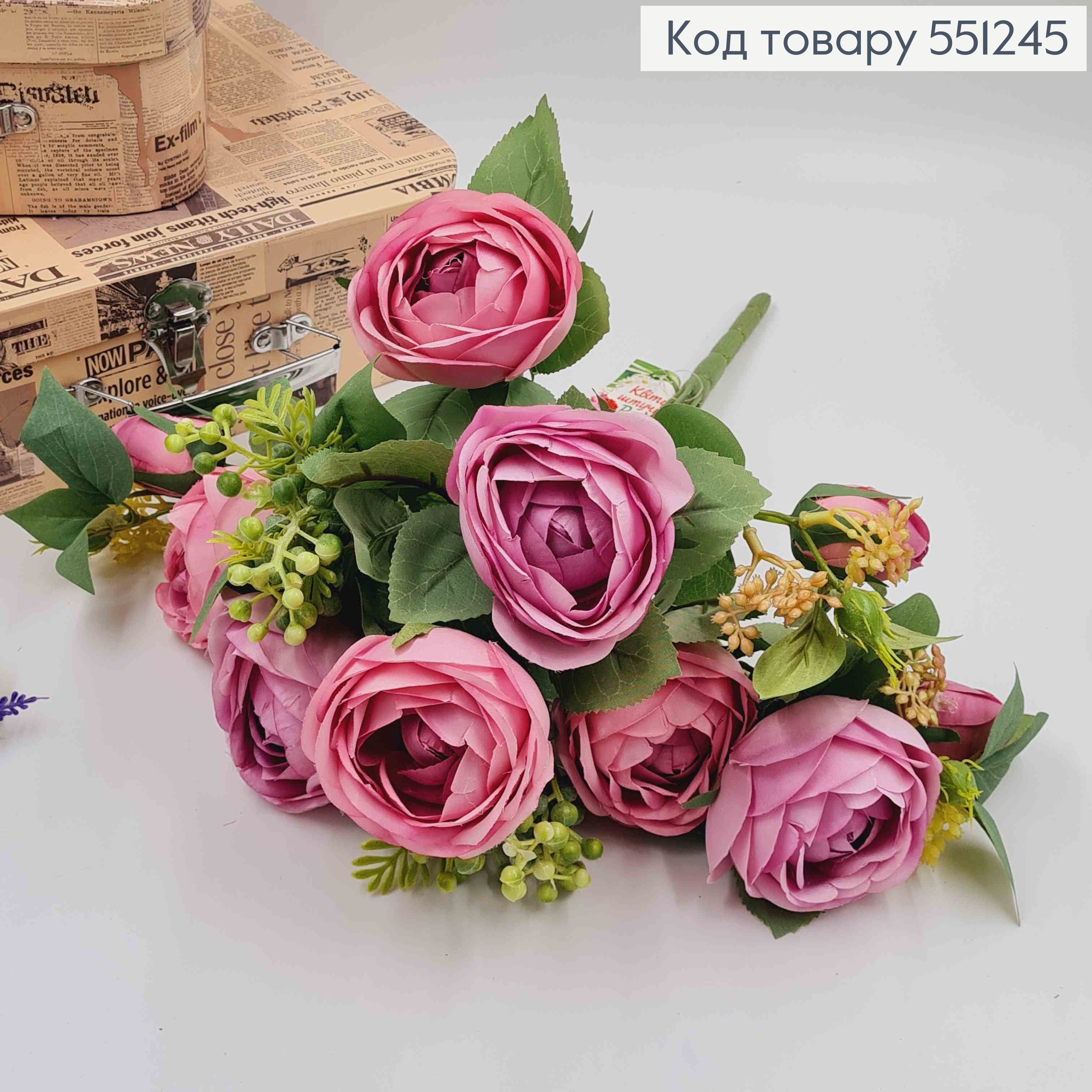 Композиция "Букет розовые и лиловые розы Камелия с зеленым декором", высотой 46см 551245 фото 2