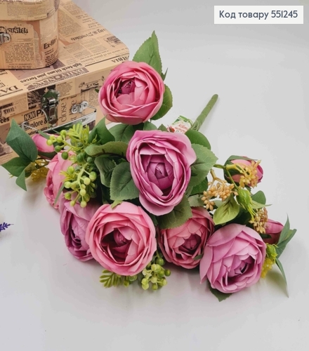 Композиция "Букет розовые и лиловые розы Камелия с зеленым декором", высотой 46см 551245 фото 2