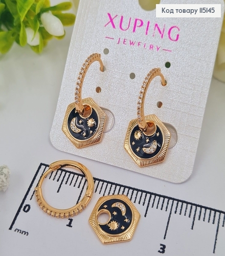 Серьги коьца "Космос" с черной керамикой и камешками 2,5см,  Xuping 18K 115145 фото 1