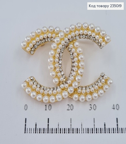 Брошка метал золота Шанель з камінцями та перлинками 235019 фото 1