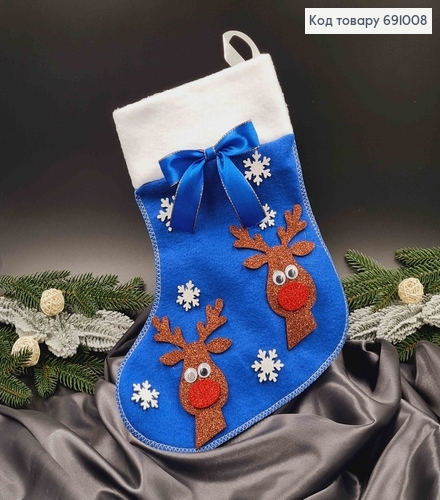 Панчоха Різдвяна, Синього кольору, з сніжинками та оленями, 30*21см 691008 фото 1