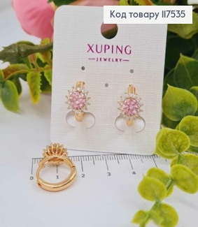 Серьги кольца 1,5см, с Блестящим Розовым Камешком в оправе из камешков, Xuping 18K 117535 фото