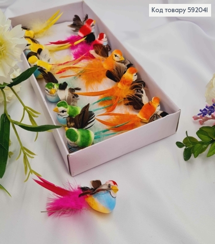 Флористична заколка, 8см, Пташечка яскравих кольорів з довгим хвостиком і пір'ям, в асорт. 592041 фото 1