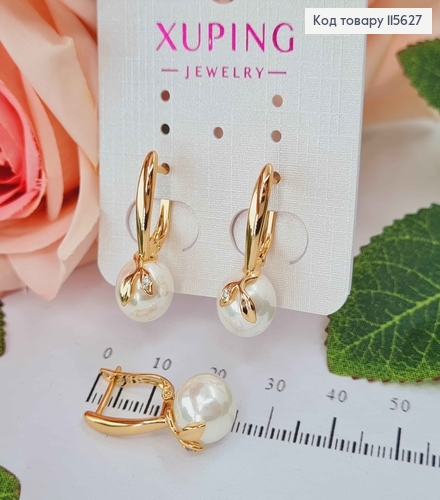 Сережки 2,5см з перлинкою та листочком, англ. заст. Xuping 18K  115627 фото 1