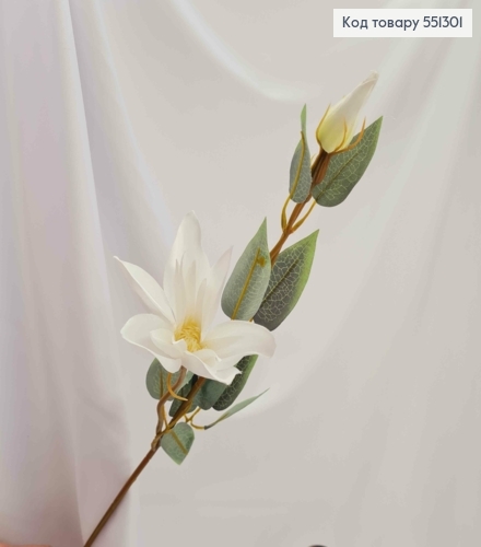 Штучні квіти, гілочка Еустоми , БІЛОГО кольору, 1 квітка + 1 бутон, на металевому стержні, 47см 551301 фото 1