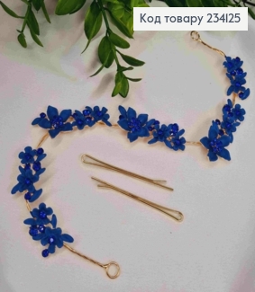 Веточка для волос, с цветами и камешками, синего цвета, 29см. 234125 фото