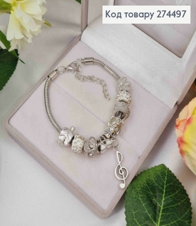 Браслет "ПАНДОРА" шармик з камінцям та підвіскою (Музичний ключ), срібного кольору, біжутерія 274497 фото
