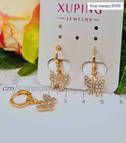 Сережки кільця 1см, з підвіскою Метеликом в камінцях, 1см, Xuping 18K 117051 фото 1