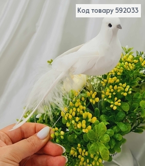 Флористическая заколка, 13см, ПТАШЕЧКА белого цвета, с хвостиком с тоненькими и пушистыми перьями, Польша 592033 фото