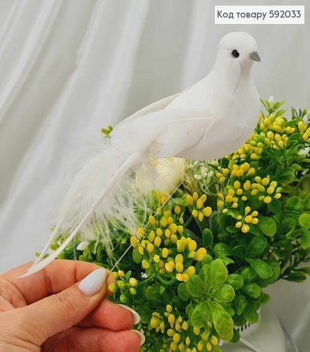 Флористическая заколка, 13см, ПТАШЕЧКА белого цвета, с хвостиком с тоненькими и пушистыми перьями, Польша 592033 фото 1