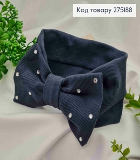 Повязка бант, трикотаж, синьо-серого цвета, в камнях, диам. 36, шир. 8см, ручная работа, Украина 275188 фото