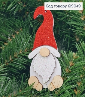 Іграшка на ялинку  дерев'яна Домовичок з червоним капелюхом блиск  12*6 см 619049 фото