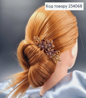 Гребень для волос "Цветочек" под золото, с камешками розового цвета 10см. 234068 фото