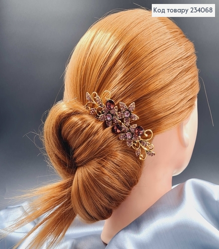 Гребень для волос "Цветочек" под золото, с камешками розового цвета 10см. 234068 фото 1