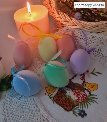 Яйця курячі, БАРХАТ, з бантиком, на петельці, кольори в асорт. 4,5*6см, 6шт/уп 282090 фото 1