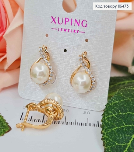 Сережки Переплети в камінцях та перлинкою, 2см, англ. заст. Xuping 18K 116473 фото 2