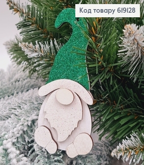 Іграшка на ялинку дерев'яна Дід Мороз з зеленою шапкою, 12*5,5см, Україна 619128 фото