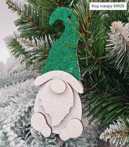 Игрушка на елку деревянная Дед Мороз с зеленой шапкой, 12*5,5см, Украина 619128 фото 1