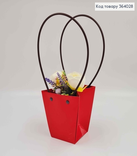 Флористическая сумочка глянцевая БОРДОВАЯ, конусная из пластика. ручками 12*12,5*8см 364028 фото 1