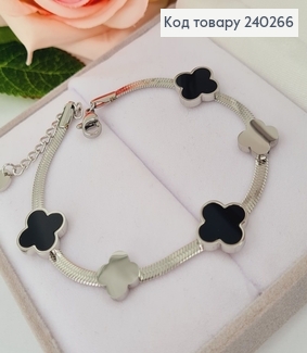 Браслет 17.5+3.5 см Van Cleef плоский снейк з чорною емаллю, колір срібний, Stainless Steel 240266 фото