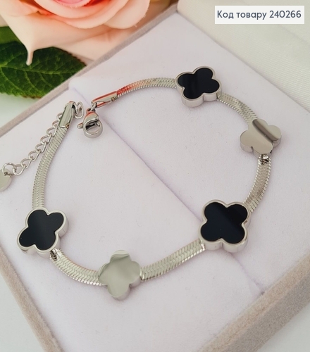 Браслет 17.5+3.5 см Van Cleef плоский снейк з чорною емаллю, колір срібний, Stainless Steel 240266 фото 1