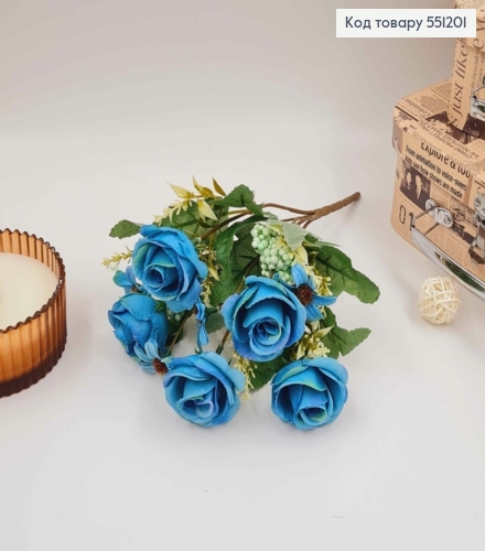 Композиция "Букет ГОЛУБНО-ЗЕЛЕНЫЕ розы 5шт и другие цветы", высота 32см 551201 фото 2