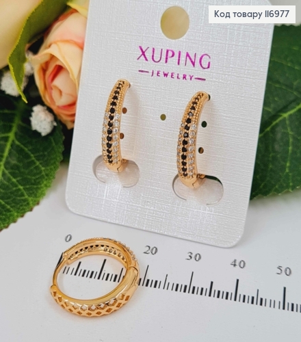 Сережки кільця 2см, в чорних та білих камінчиках, Xuping 18K 116977 фото 1