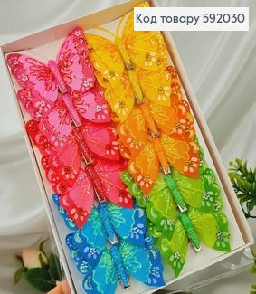 Флористическая заколка, Бабочка яркие цвета в ассорт., с блестками и камешками, 6,5см. Польша 592030 фото