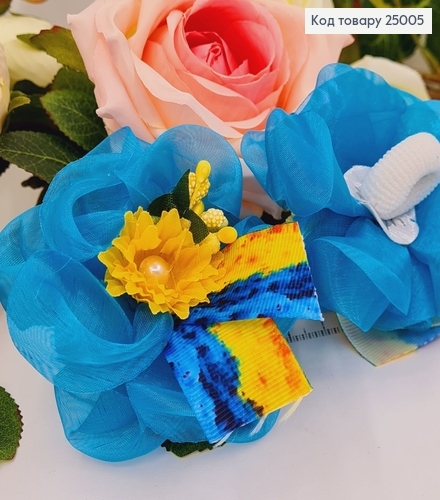 Резинка бант Фатиновий блакитний з квіткою, 7см, ручна робота, Україна 25005 фото 1