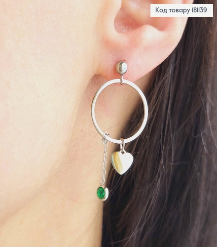 Серьги гвоздики, подвески круга с цепочками и сердечком, с зеленым камнем, Xuping 181139 фото 1