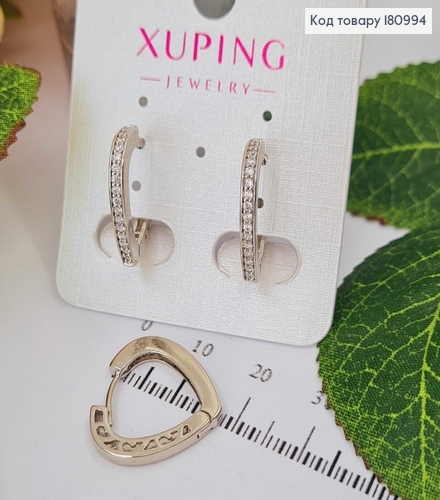 Серьги кольца родованные, в виде сердечек, с камешками, 1,8см. Xuping 180994 фото 1