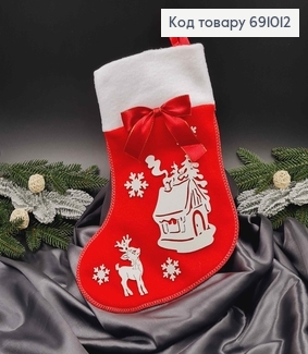 Панчоха Різдвяна, Червоного кольору, з бантиком та блискучими сніжинками, оленям та хатинкою, 30*22с 691012 фото
