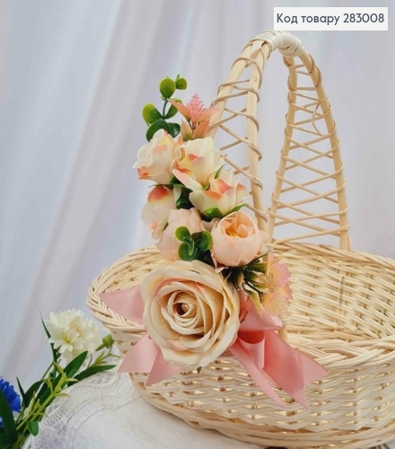 Пов'язка для кошика молочна ТРОЯНДА з квіточками і ніжно рожевим бантиком, 18*10см на зав'язках 283008 фото 1